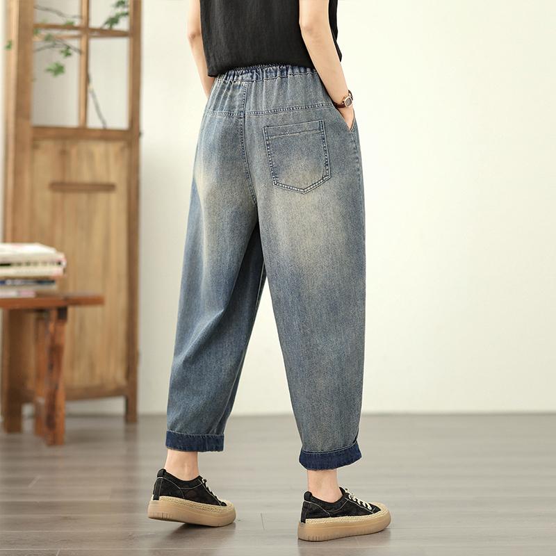 Dimanaf 2025 New Summer Basic Elastic Jeans Pants Women Loose Denim Printing Trousers Big Casual Blue Pants
