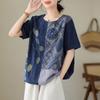 DIMANAF 2024 Verão Plus Size Mulheres Camisetas Estampa Floral Elegante Manga Patchwork Tops Tees Solto Casual Camisa de Linho 91688