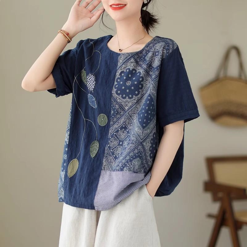 DIMANAF 2024 Verão Plus Size Mulheres Camisetas Estampa Floral Elegante Manga Patchwork Tops Tees Solto Casual Camisa de Linho 91688