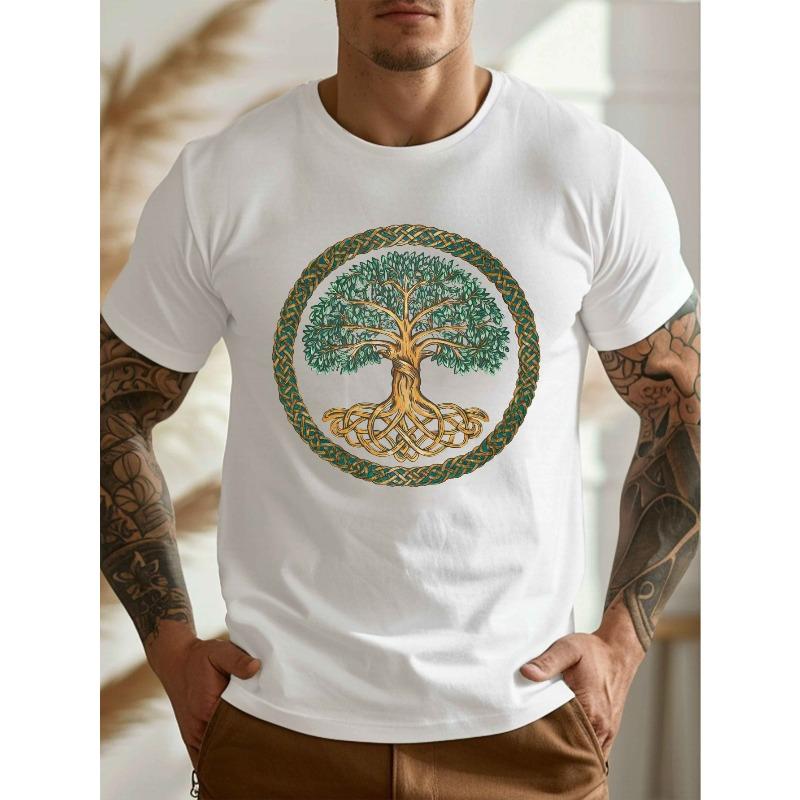European Sizes Men's Celtic Knot Tree Shirt ,Celtic Knot Tree Border Short Sleeve Round Neck Summer Shirt