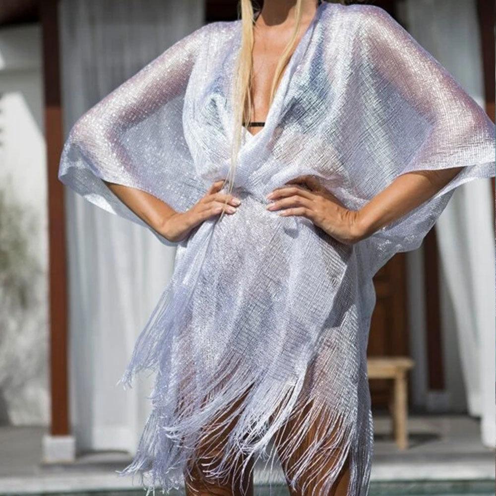 Women's Half‑Sleeve Metallic Yarn Fringed Open Front Beach Cover‑Up Kimono