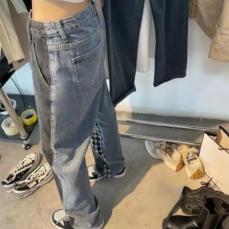 Harajuku Women's Patchwork Straight Leg Jenas with Print Korean Streetwear Hiphop High Waisted Denim Trouser Y2k Style of 90s