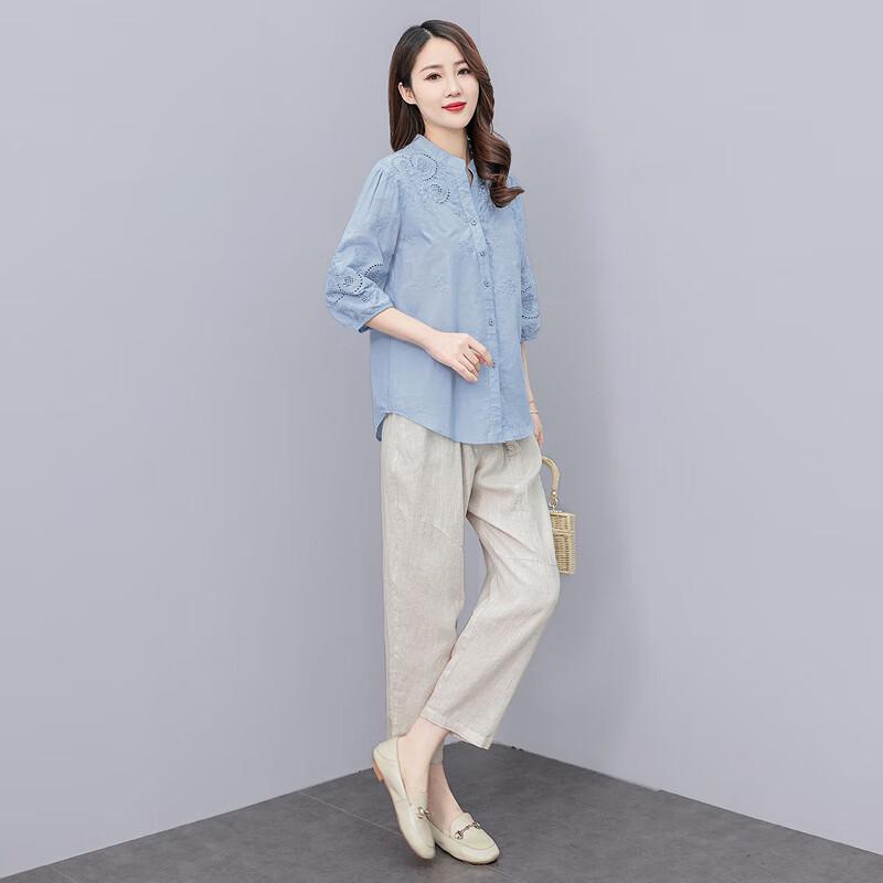 Women's Embroidered Five-Sleeve Button-Down Shirt