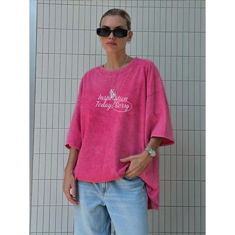 Western Style Fashion Casual Loose Washed Distressed Print round Neck T-shirt Top Printed T-shirt Top