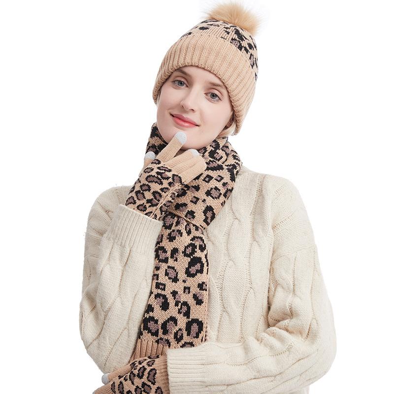 European and American Autumn and Winter Leopard Print Warm Knitted Wool Hat Scarf Gloves Three Piece Set