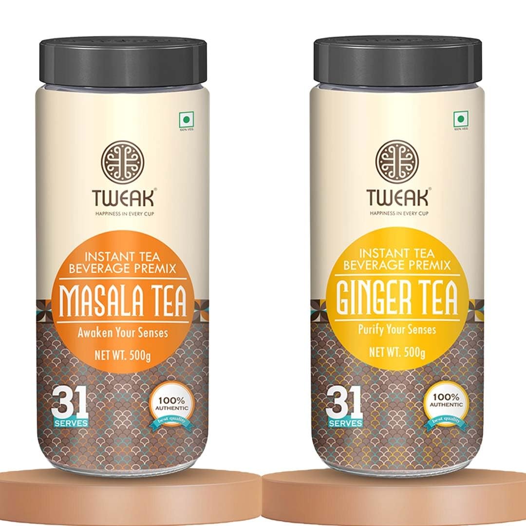 TWEAK Instant Premix 500gram Makes Approx 31 Cups of 100ml from 500gram| Regular Sugar (Pack of 2, Masala Tea + Ginger Tea Premix)