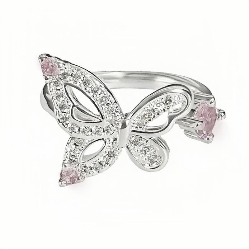 Pink Zircon Full Diamond Butterfly Series Opening Adjustable Ring Light Luxury Sweet Cool Style Niche High-End Ring Woman