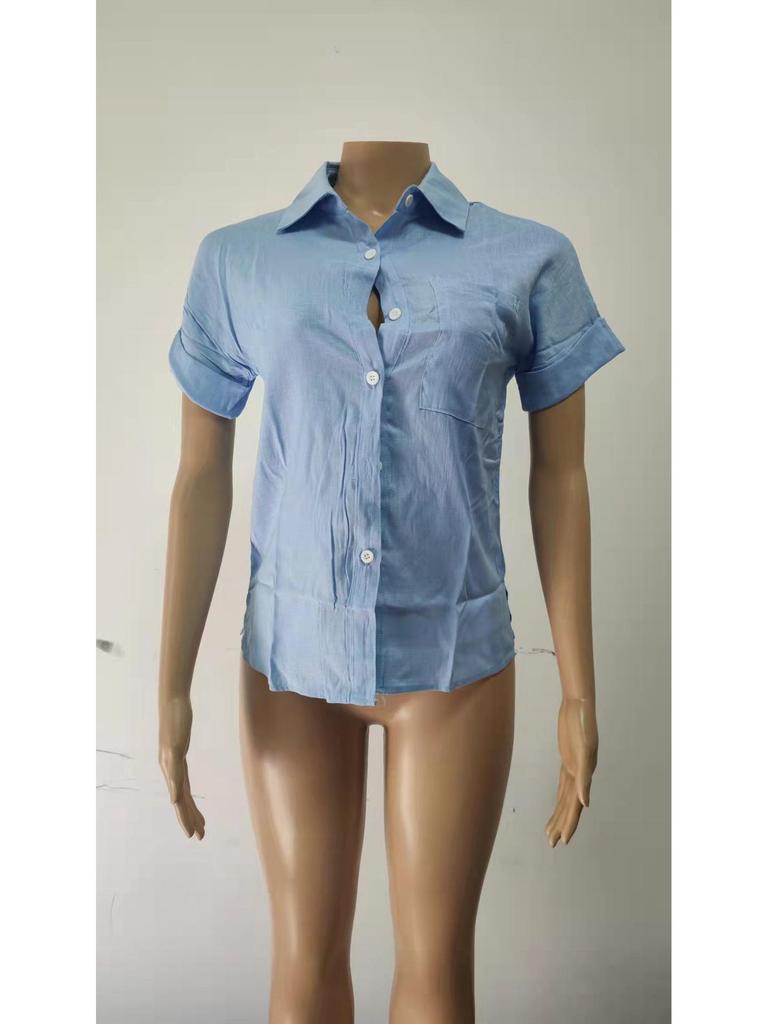 2025 Spring/Summer Women's Chiffon Pocket Button Short Sleeve Shirt - European and American Style Hot Item