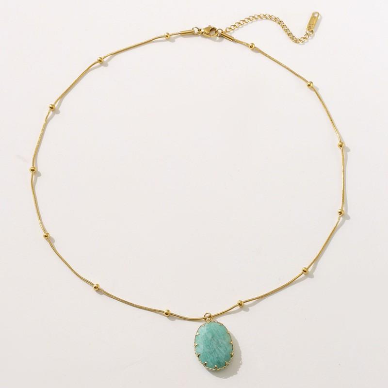 Womens Titanium Steel Pendant Necklace With Natural Stone 18K Gold Plated Geometric Oval Design Lightweight Luxury Chain