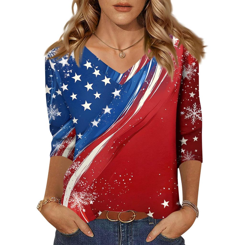 Damen Tops Dreiviertelärmel Shirt V-Ausschnitt Lockeres Freizeithemd Blumendruck T-Shirt