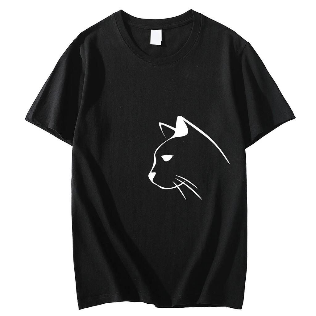 Letní bavlněné pánské a dámské tričko s krátkým rukávem a potiskem kočky, kulatý výstřih, měkké, elastické, prodyšné pánské tričko