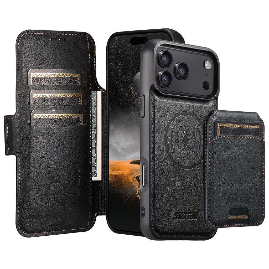 Magnetic Flip Case with Card Slot & Wireless Charging Stand for iPhone 17 Pro Max