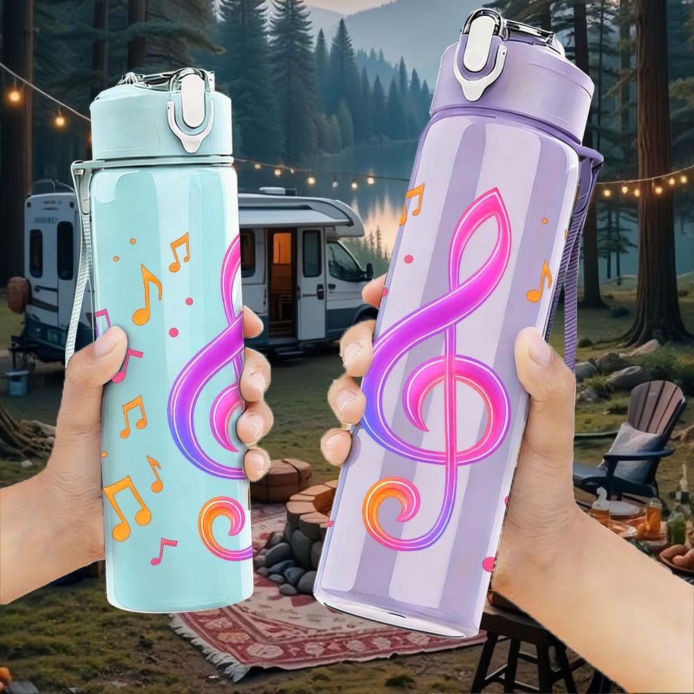 1PC Colorful Treble Clef Music Note 750ml Color Plastic Sports Water Bottle Leakproof Flip Straw Lid Suitable for Sports Office Home Use