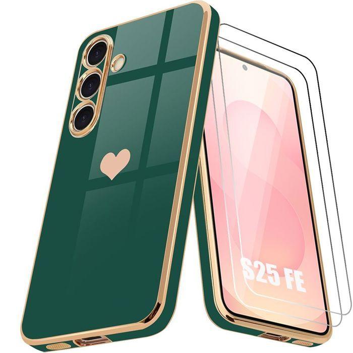Coque de Protection - BOOLING - pour Samsung Galaxy S25 FE - Silicone Vert Nuit Motif Cœur - 2 Vitres