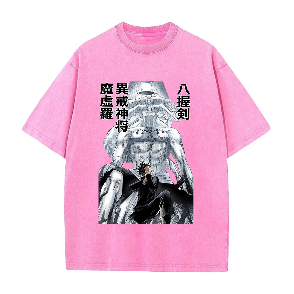 Anime Jujutsu Kaisen Fushiguro Megumi Makora Print T-shirt Men Women Tshirts Cotton Clothing Retro Washed T Shirt Harajuku Tops