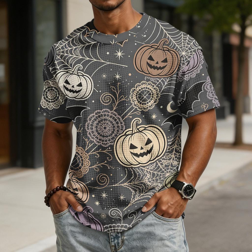 Men Short Sleeve Casual Halloween Print Polo Neck Sports Top Comfortable Lightweight Relaxed Fit Shirt for Daily Wear
