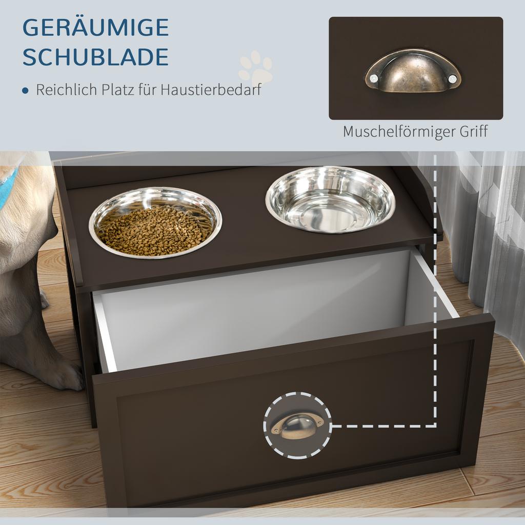 Erhöhte Hundennapf-Station aus Edelstahl, mit 21L Aufbewahrungsschublade für große Hunde - Braun