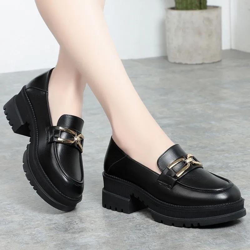 Weiches Leder Einzelne Schuhe Damen Frühling und Herbst Slipper Damen Mittelhoch Absatz Dickabsatz Dicksohlige Kleine Lederschuhe