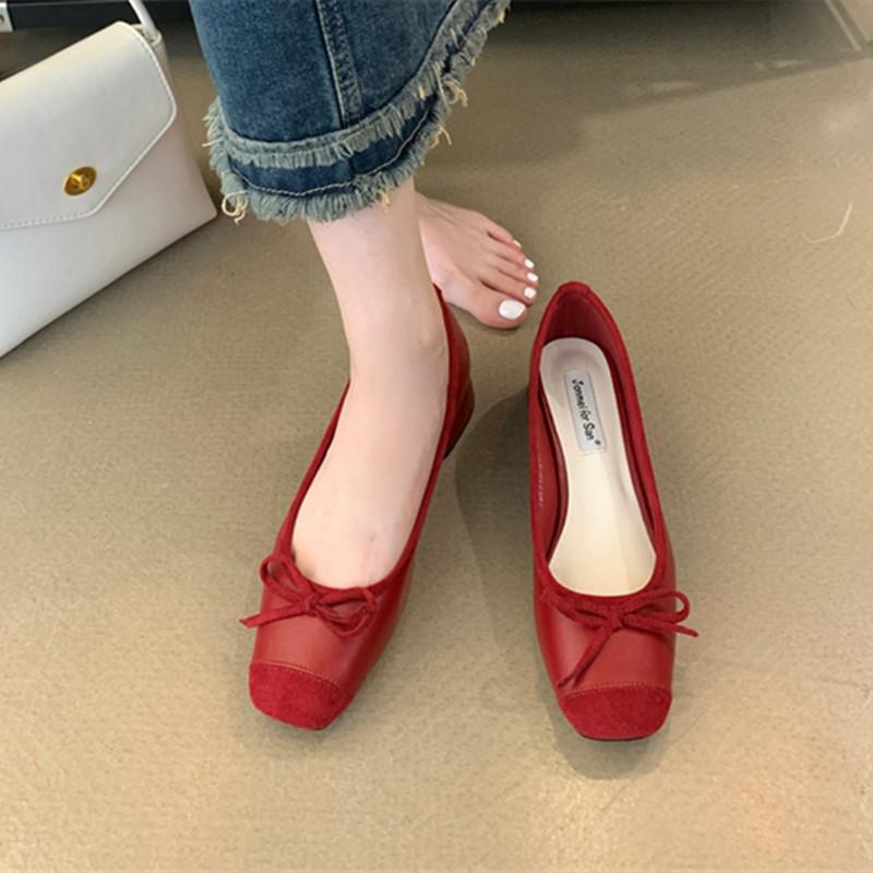 Fashion Bailamos Women Flats Fashion Soft Leather Slip On Ballet Shoes Square Toe Bow Low Heels Dress Shoes Shallow Mouth Casual Shoes M