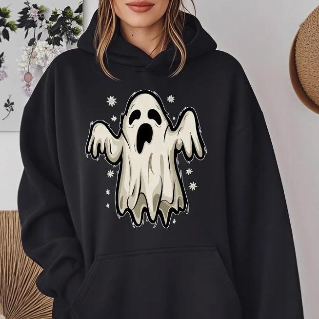 Ladies Spring Autumn Casual Hooded Long Sleeve Big Pocket Halloween Ghost Printed Pullover Hoodies Sweatshirt Top