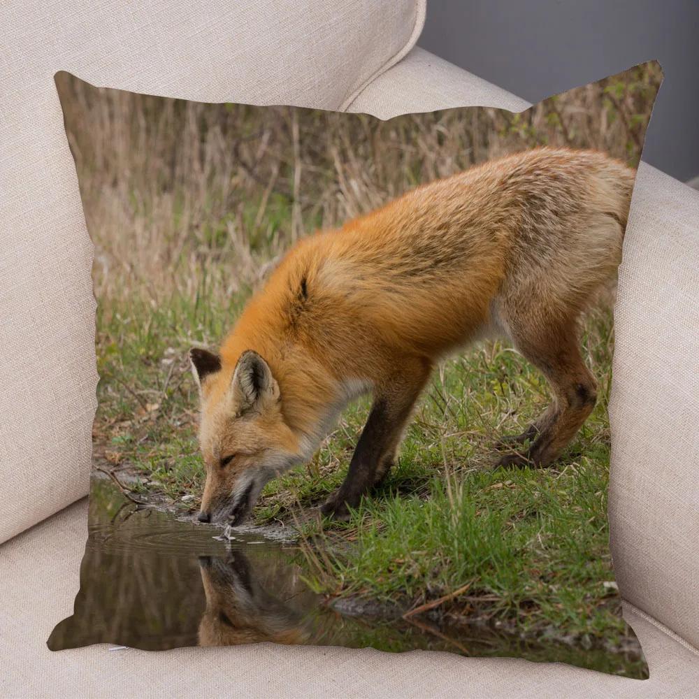 Cute Wild Fox Print Pillowcase Decorative  Animal  Polyester Cushion Cover for Sofa Home Car