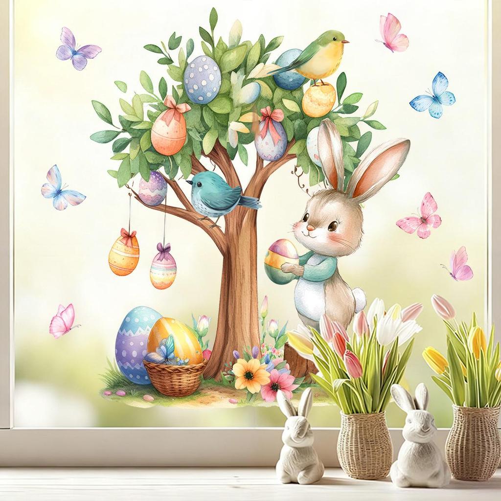 Easter Egg Cartoon Rabbit Electrostatic Window Clings for Living Room or Glass Door.
