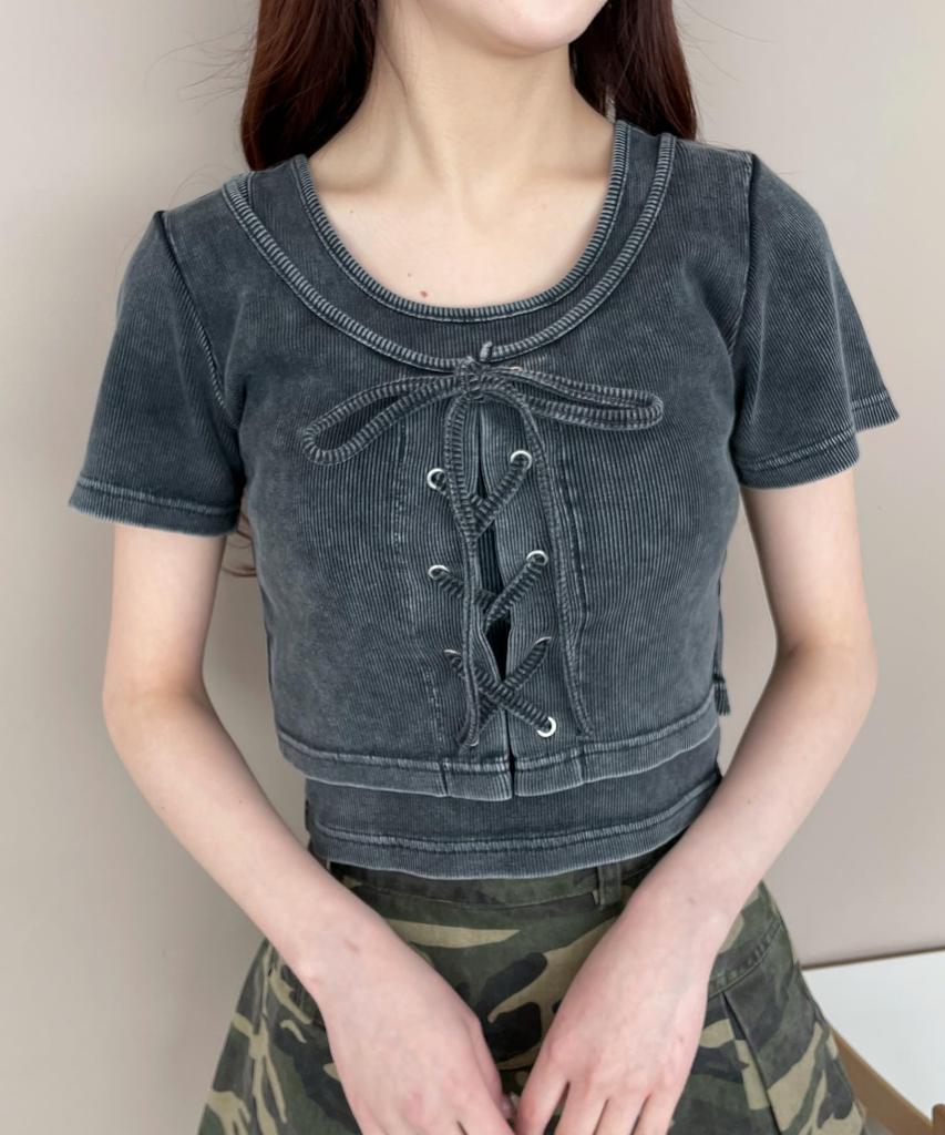 WEGO Vintage Short Sleeve Girly Korean Casual Perfect Gift for Spring and Size Sumikuro Women's Lace-Up T-Shirt, Style, Top, Summer, F,