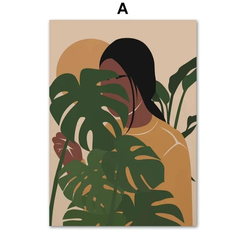 Elegant Abstract African Girl Wall Art with Sun  Coffee  HD Canvas Print Poster for Living Room  Bedroom Decor