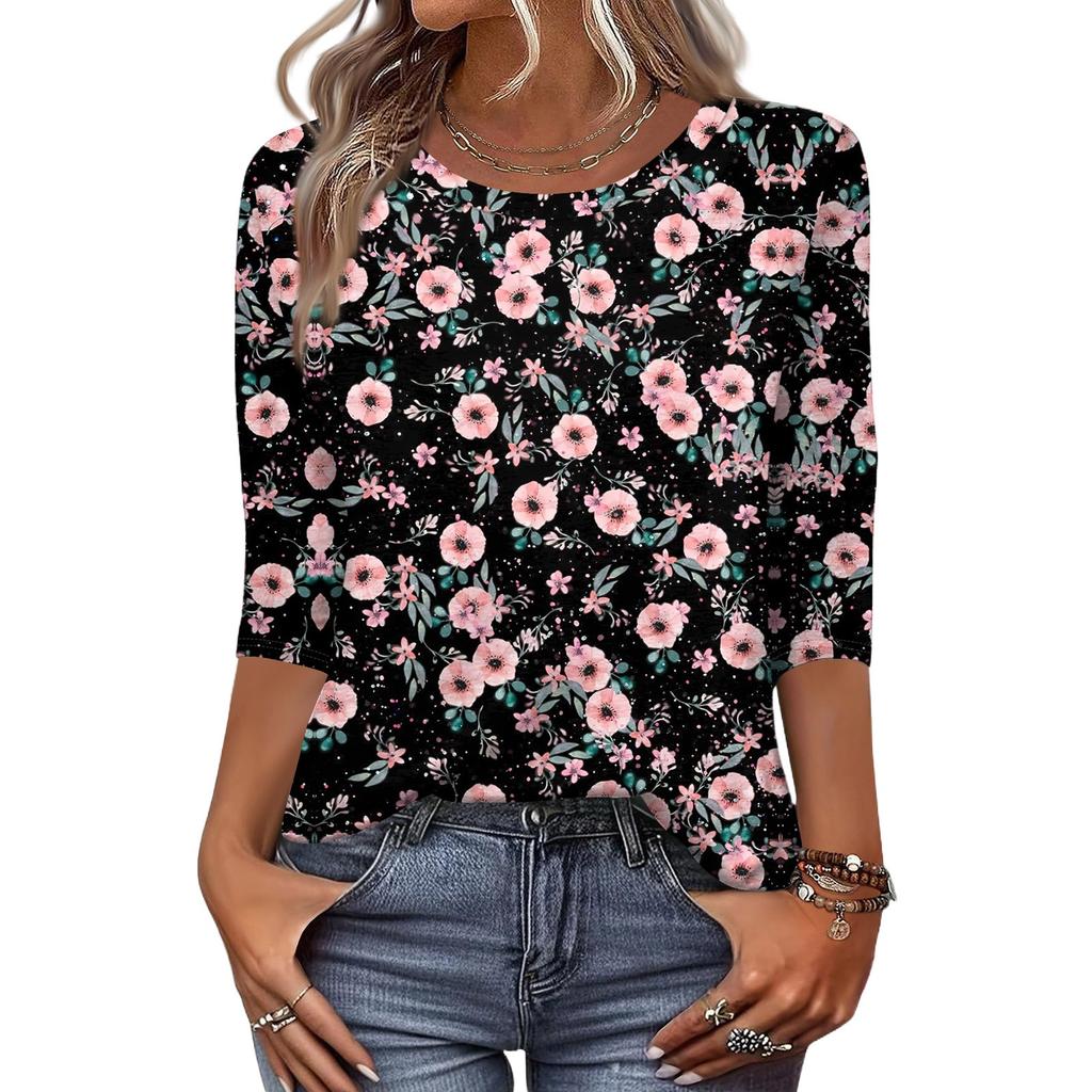 Women's Fashion Casual Round Neck 3/4 Sleeve Loose  Printed T-Shirt Ladies Top