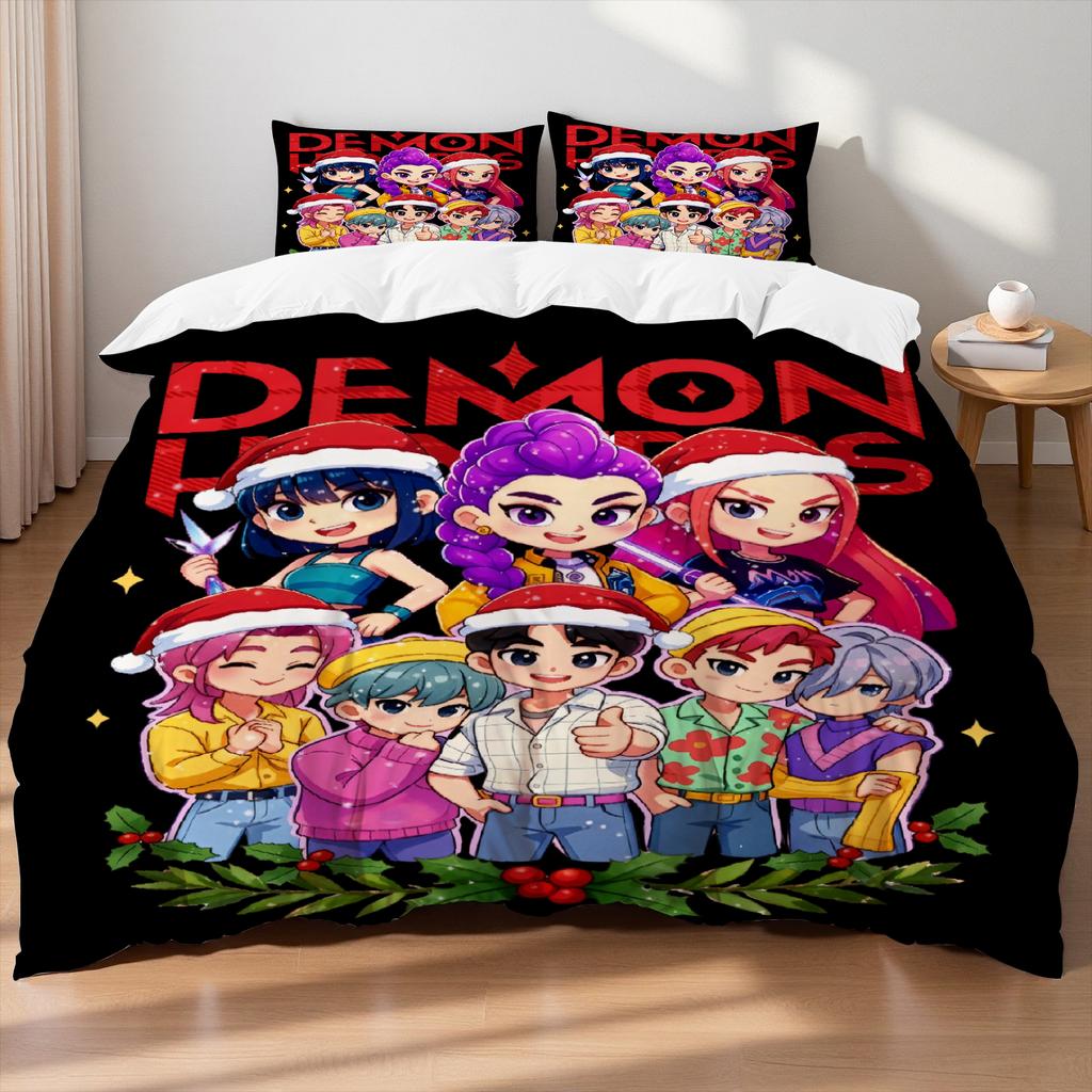 Christmas K-Pop  Demon Hunters Themed Colorful Print Polyester Student Dormitory Bed Sheet Duvet Cover Kid Gift Home Textile