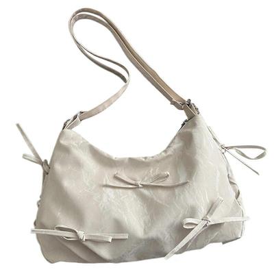 Elegant Bowknot Shoulder Bag Spacious PU Leather Handbag Crossbody Purse Casual Satchel for Women and Girls  White