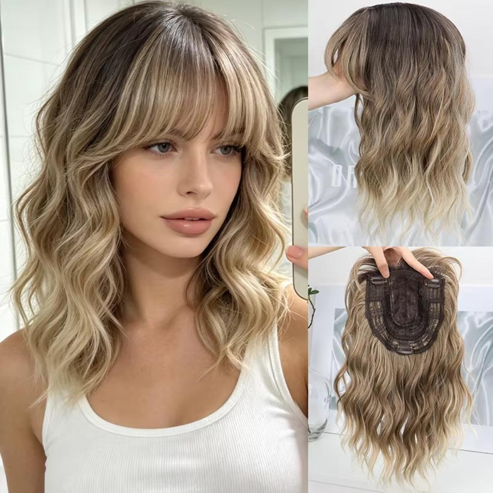Natural Short Wavy Wig Gradient Clip-In Bangs Extension for Added Volume, Coverage, And Blend