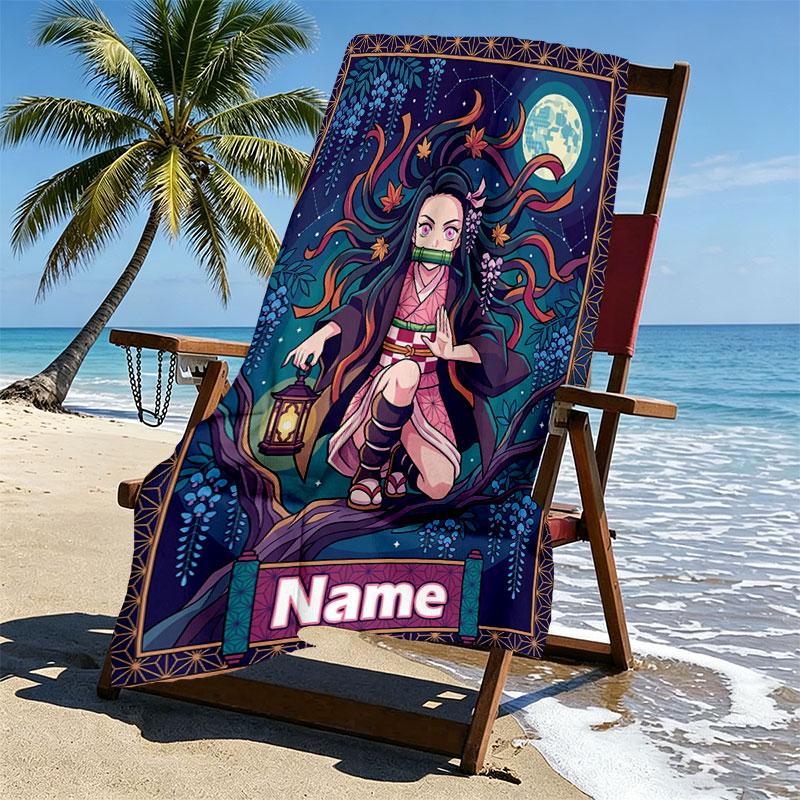 Custom Name Personalized Demon Slayer Anime Print Beach Towel, for Trip Camping Beach Party Home Decor, Birthday Gift for Family & Friends