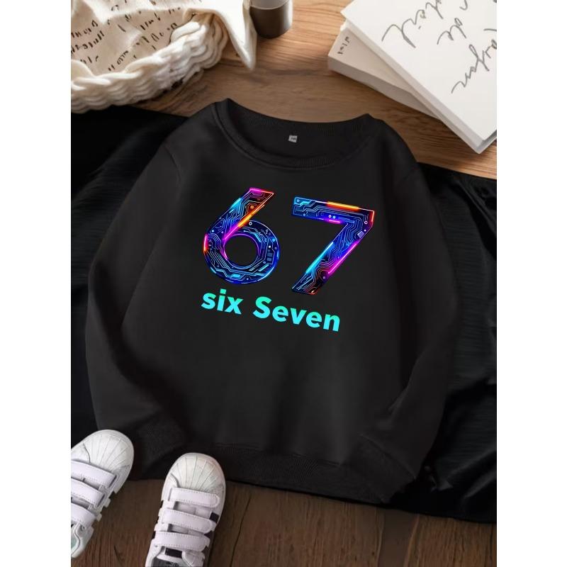 Unisex Kids Red Crewneck Sweatshirt For 4-12 Boys Girls Tech Circuit Neon Number 67 Six Seven Letter Print Soft Fleece Long Sleeve Pullover
