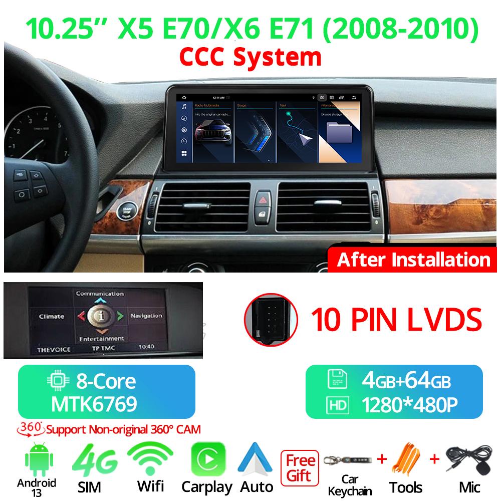 10.25" Wireless Carplay Car Radio For BMW X5 E70 X6 E71 LHD 2008-2013 CCC CIC System Android 13 GPS Multimedia  Player FM BT
