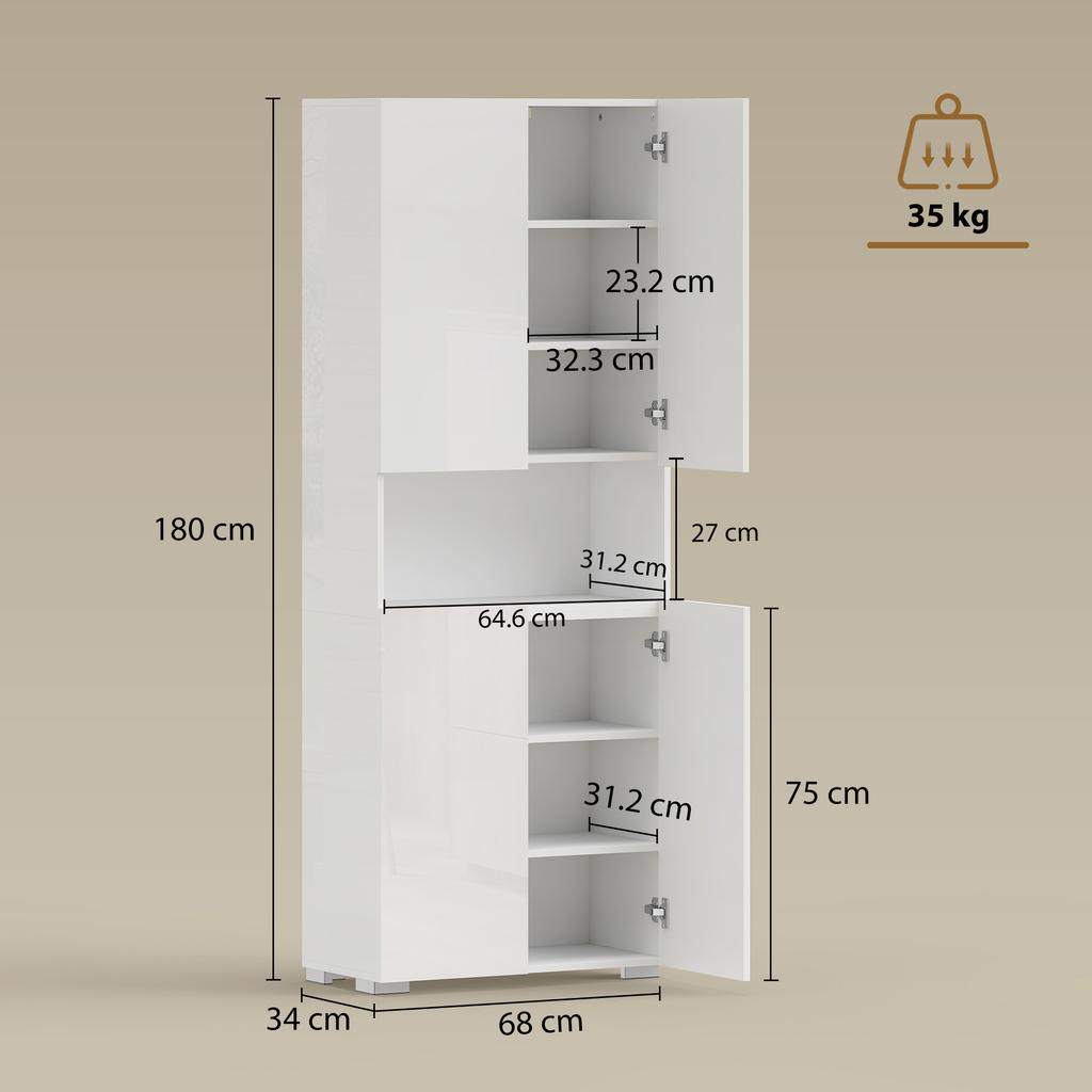 Armadio da Cucina Alto 180 cm, Dispensa con Ante a Chiusura Morbida e Ripiani Regolabili, Bianco Lucido