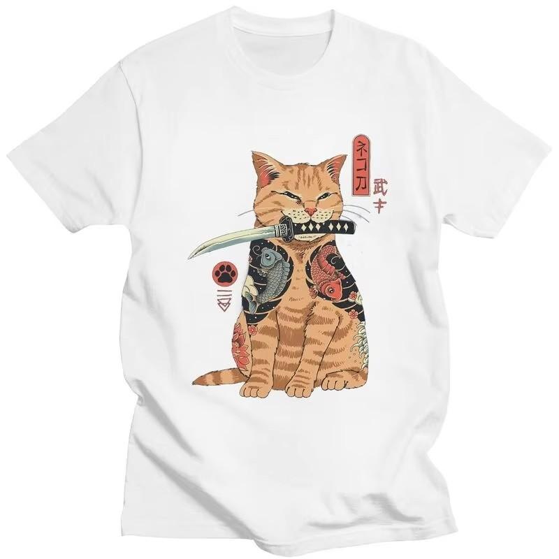 Japanese Samurai Cat Graphic Tee Pure Cotton Streetwear T-Shirt Breathable Casual Top