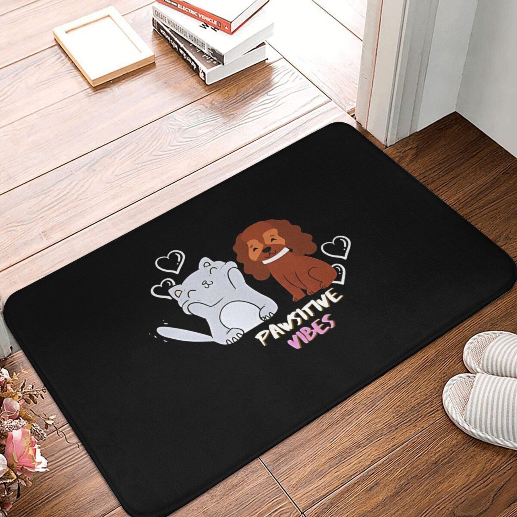 

Black Mat with Cat and Dog Illustration, Heart Motifs, and PAWSITIVE VIBES Text as Printed, Polyester Rug for Indoor Decor 40x60cm