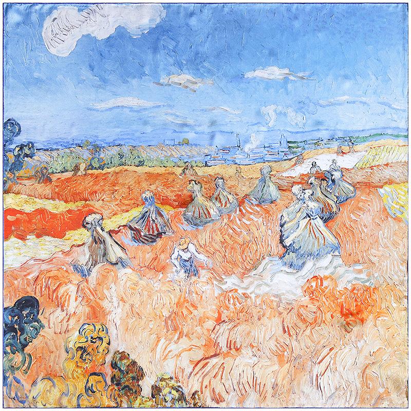 Monet oil painting Reaper in the Rye Silk Scarf Spring and Autumn 110 Large Square Scarf Mulberry Silk Scarf Shawl 110*110CM