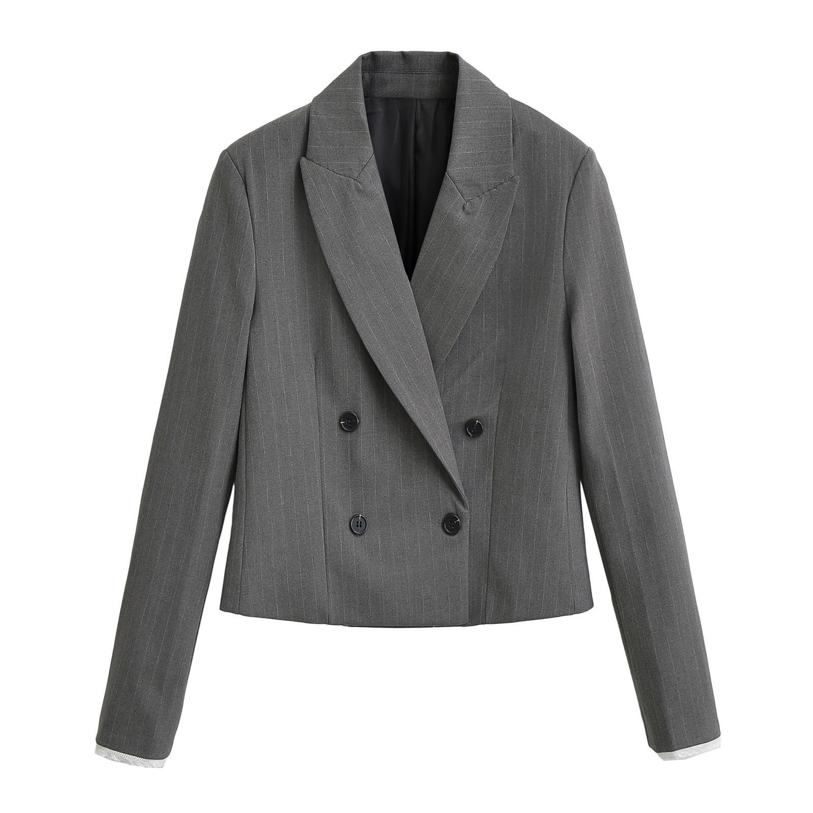 

2025 Spring Women s Fashion Pinstripe Lapel Long-Sleeve Short Suit Jacket XS