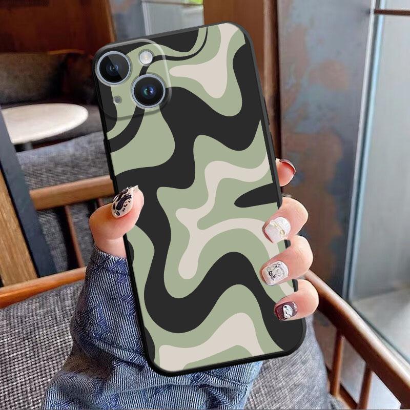 Phone Case for iPhone XR XS X 13 Mini SE 7 8 6S 11 Pro Max 12 14 Plus Swirl Abstract Pattern In Beige And Sage Coque Black