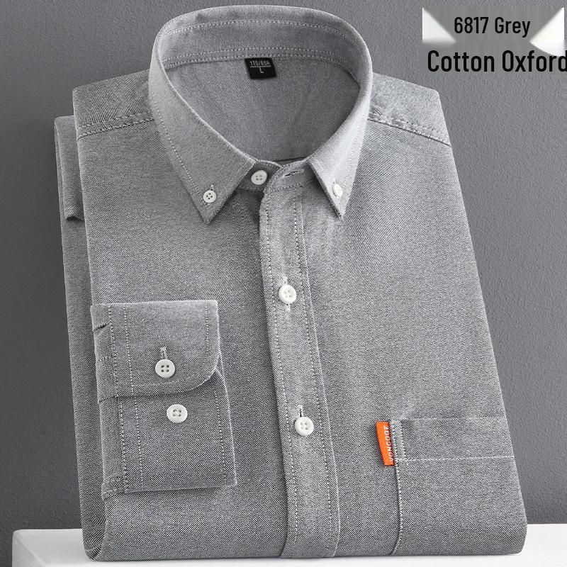 Men's Solid Color Oxford Cotton Yellow Button-Down Long Sleeve Shirt for Spring/Autumn Layering