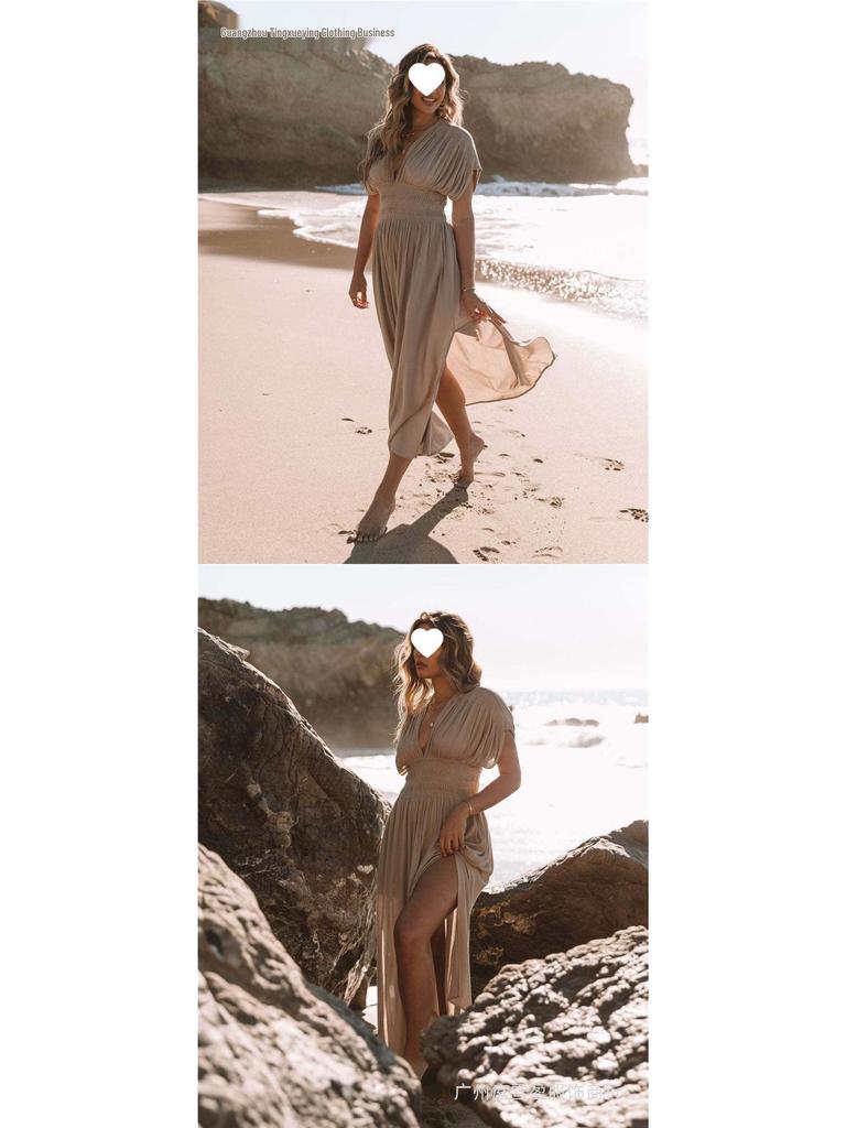 Summer V-neck Batwing Sleeve Elastic Waist Split Long Dress