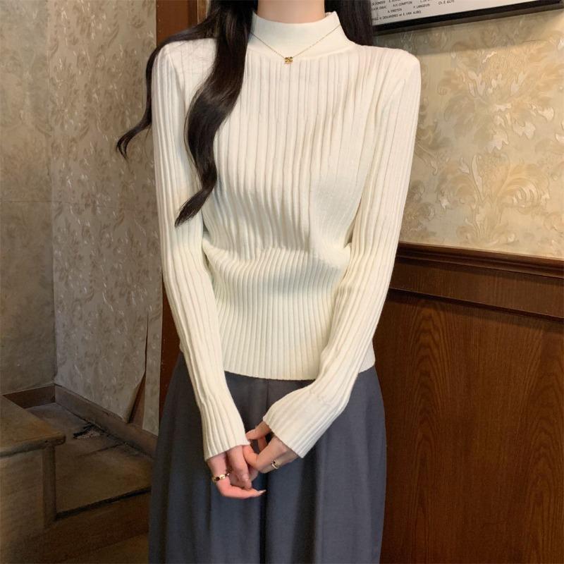 Semi-turtleneck knitted sweater women's spring simple pit strip gentle wind bottoming shirt front shoulder top inside