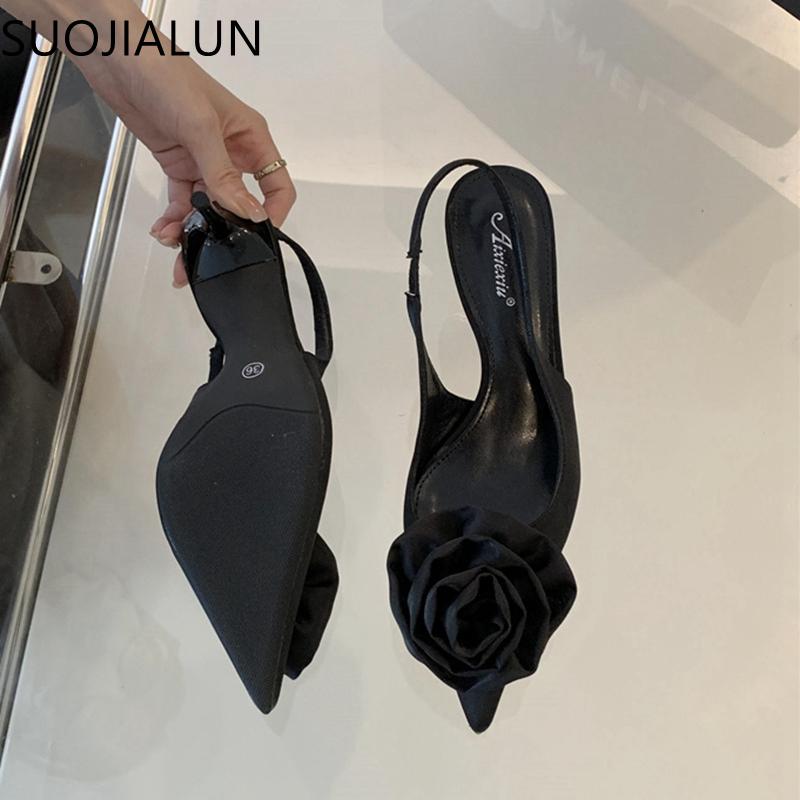 Fashion SUOJIALUN 2024 Spring New Brand Women Sandal Fashion Big Flower Ladies Elegant Slingback Shoes Thin High Heel Dress Pumps Shoes