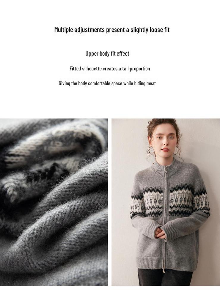 Fair Isle Jacquard Double Zipper Cashmere Cardigan Sweater for Women