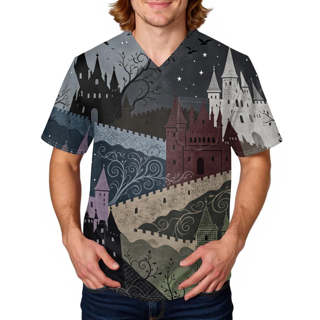 Herren Halloween Print Medizinische Kasack-Oberteil V-Ausschnitt mit Bindeband Taschen Bequeme Passform Tägliche Arbeitskleidung für medizinisches Fachpersonal