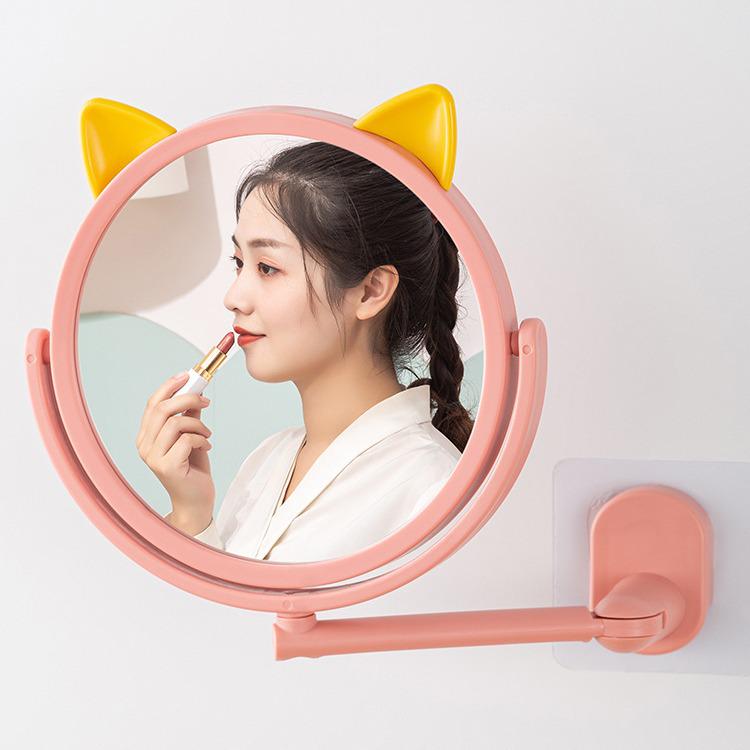 Cartoon Cat Ear Suction Cup Rotatable Makeup Mirror - High-Definition Bathroom Vanity Mirror