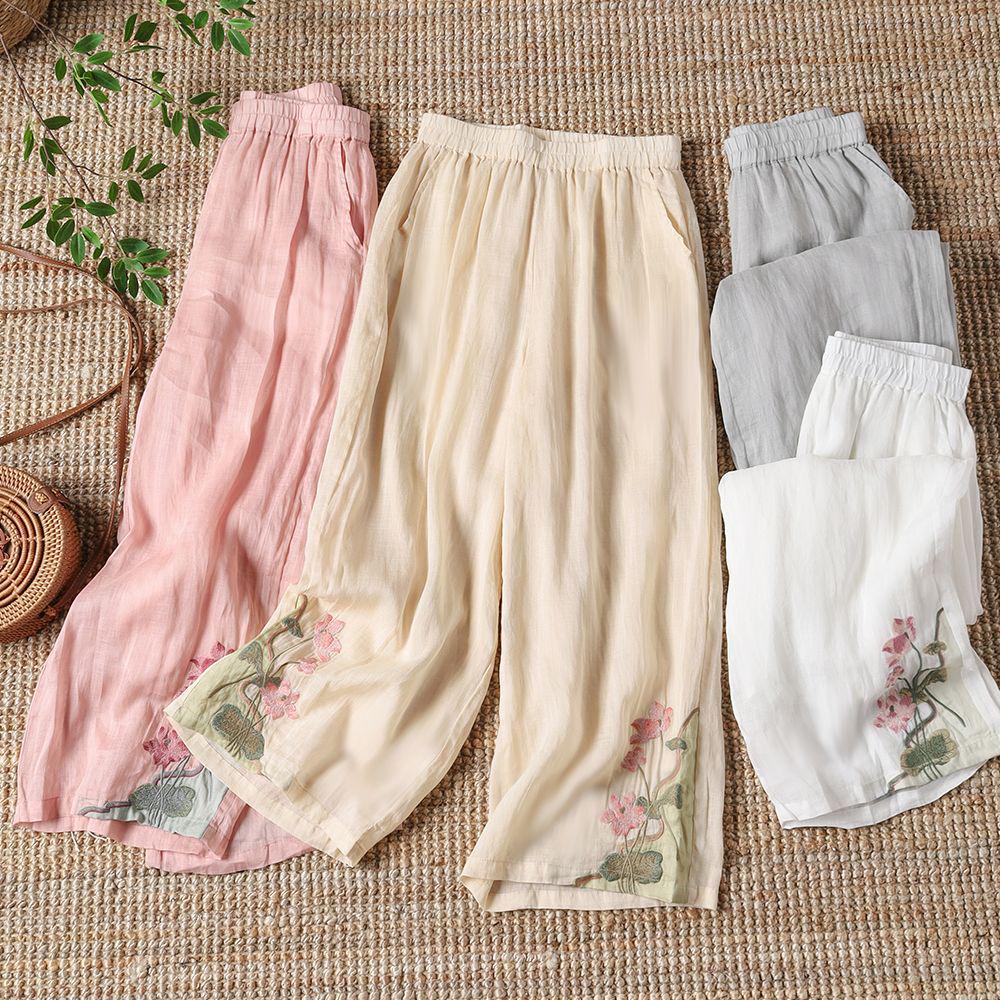 Women's 2024 Retro Cotton-Linen Wide-Leg Embroidered Pants - Summer Lightweight Nine-Point Casual Trousers.
