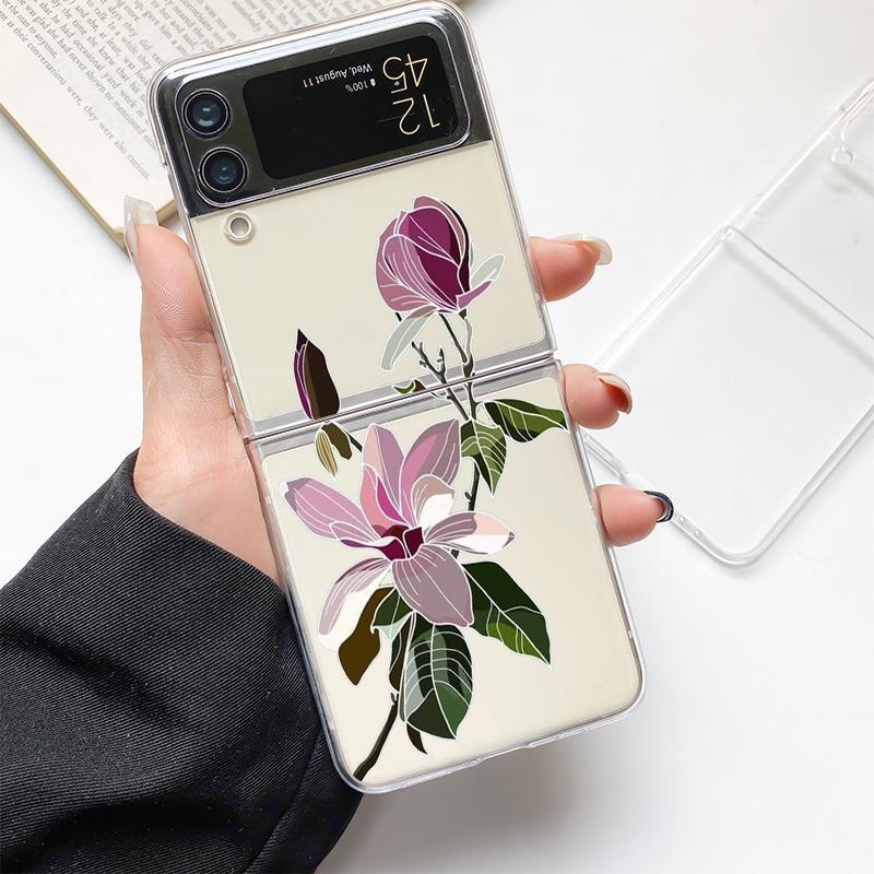 Phone Case For Samsung Galaxy Z Flip 3 4 5 Hard Folding Clear PC Bumper Flower For Samsung Z Flip 6 Back Cover